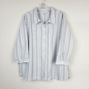 Joan Rivers White Grey Strips Textured Fabric 3/4 Sleeves Button Down Shirt 2X
